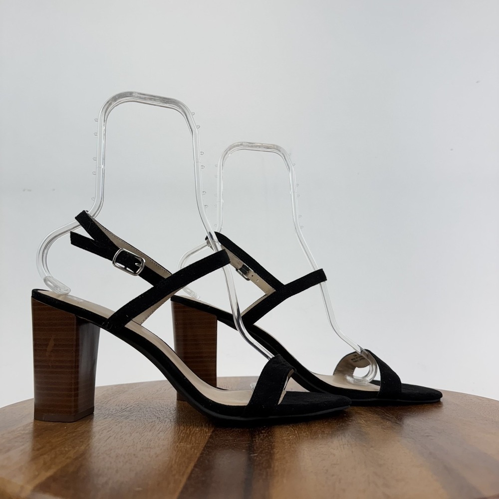 New NWOB Womens BP Lula Black Faux Suede Slingback Block Heels Sandals Size 12 M